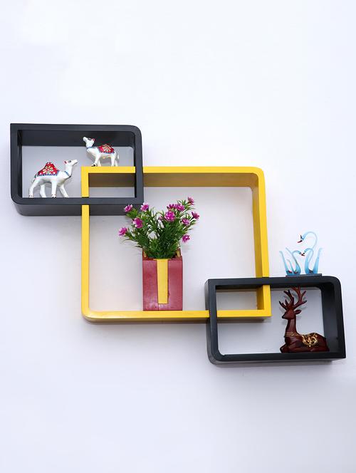 round coner shape inetrscting wall shelves rack set of 3-yellow & black - 16418782 - Very Small Image - 1