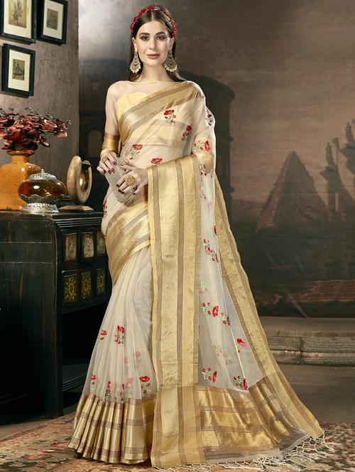 zari border embroidered saree with blouse - 16420053 - Very Small Image - 1