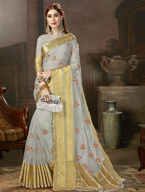 zari border embroidered saree with blouse - 16420055 - Very Small Image - 1