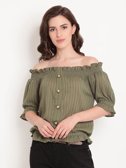 off shoulder button detail blouson top - 16420371 - Very Small Image - 1
