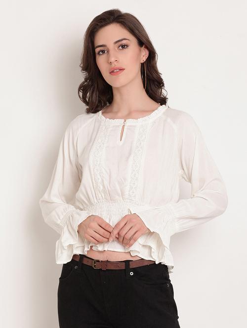 lace detail ruffle trim gathered top - 16420373 - Very Small Image - 1
