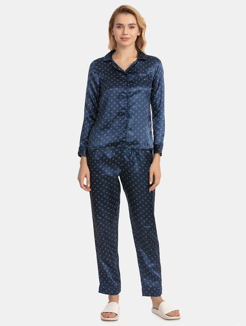 lapel neck printed shirt & pajama nightwear set - 16421836 - Very Small Image - 1