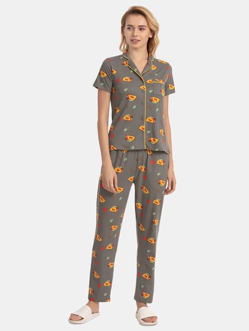 lapel neck quirky print shirt & pajama nightwear set - 16421838 - Very Small Image - 1