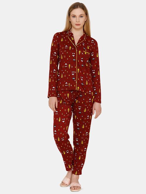 lapel neck quirky shirt & pajama set - 16421851 - Very Small Image - 1