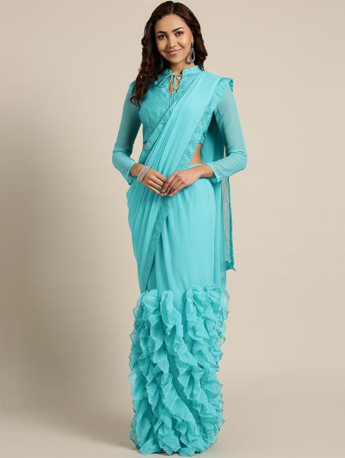 solid ruffle saree with blouse - 16421870 - Very Small Image - 1