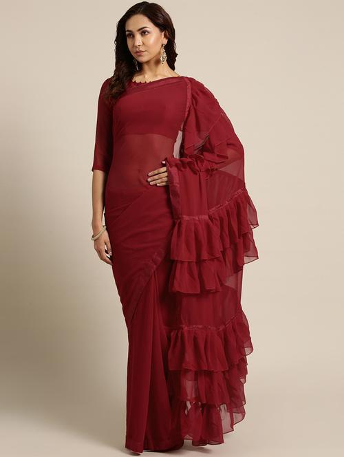 solid ruffle saree with blouse - 16421877 - Very Small Image - 1