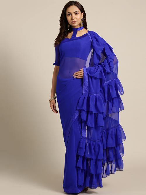 solid ruffle saree with blouse - 16421885 - Very Small Image - 1