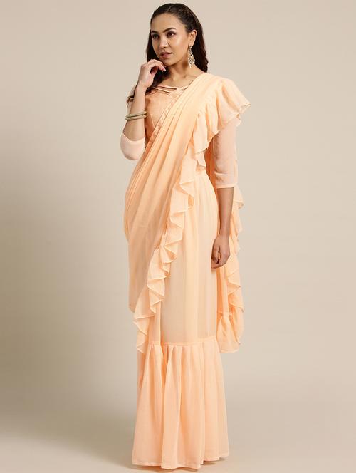 solid ruffle saree with blouse - 16421886 - Very Small Image - 1