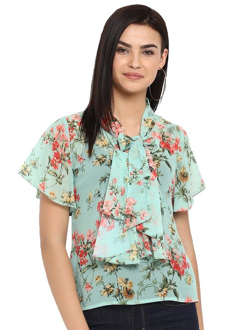 tie knot neck ruffle detail floral top - 16423615 - Very Small Image - 1