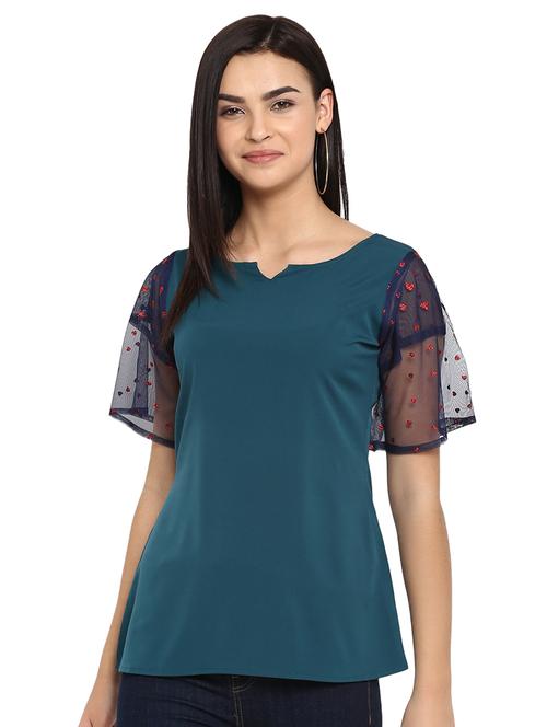 embellished sleeves notch neck top - 16423622 - Very Small Image - 1