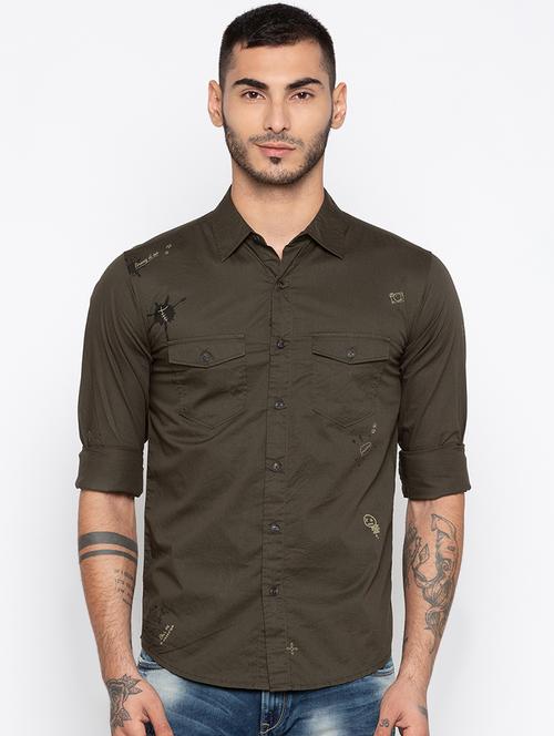 olive green printed casual shirt - 16423935 - Very Small Image - 1