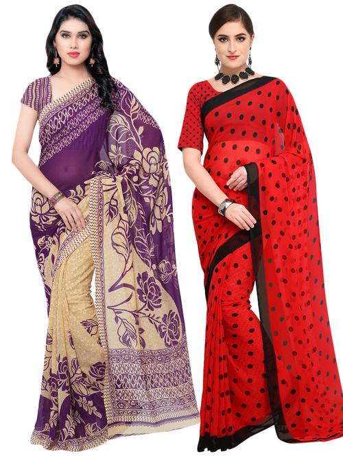 set of 2 multicolor printed saree combo with blouse - 16425631 - Very Small Image - 1