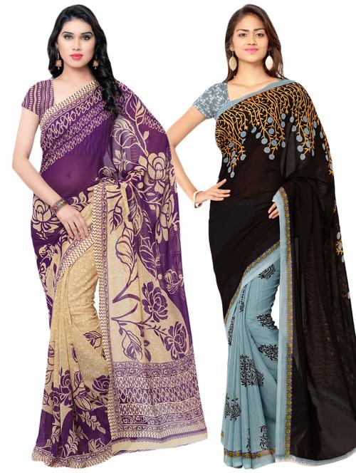 set of 2 multicolor printed saree combo with blouse - 16425650 - Very Small Image - 1