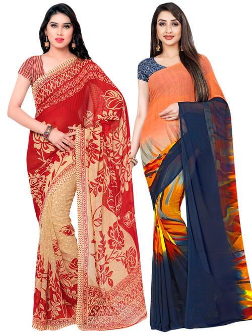set of 2 multicolor printed saree combo with blouse - 16425653 - Very Small Image - 1