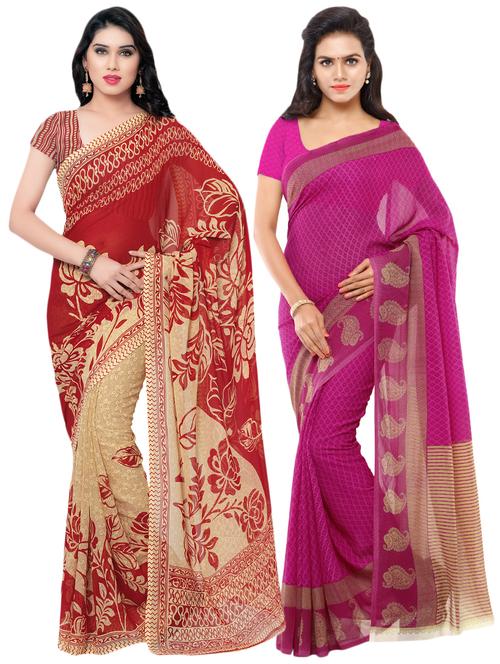 set of 2 multicolor printed saree combo with blouse - 16425679 - Very Small Image - 1