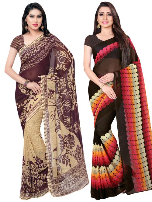 set of 2 multicolor printed saree combo with blouse - 16425687 - Very Small Image - 1