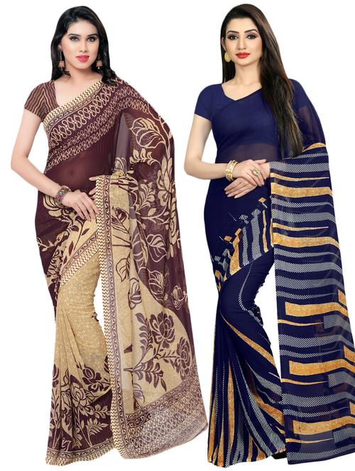 set of 2 multicolor printed saree combo with blouse - 16425692 - Very Small Image - 1
