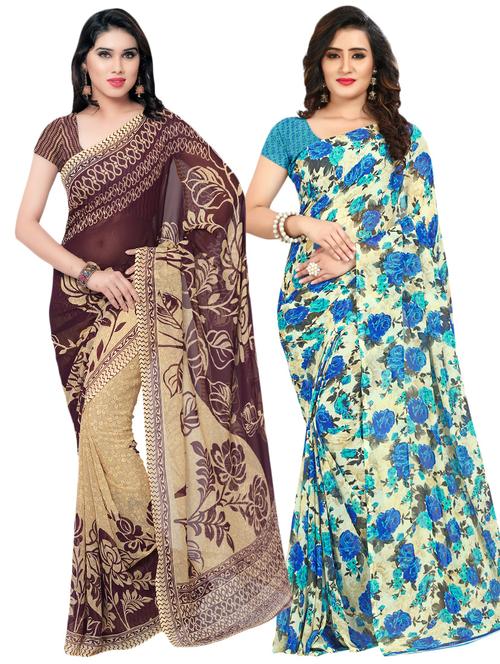 set of 2 multicolor printed saree combo with blouse - 16425700 - Very Small Image - 1