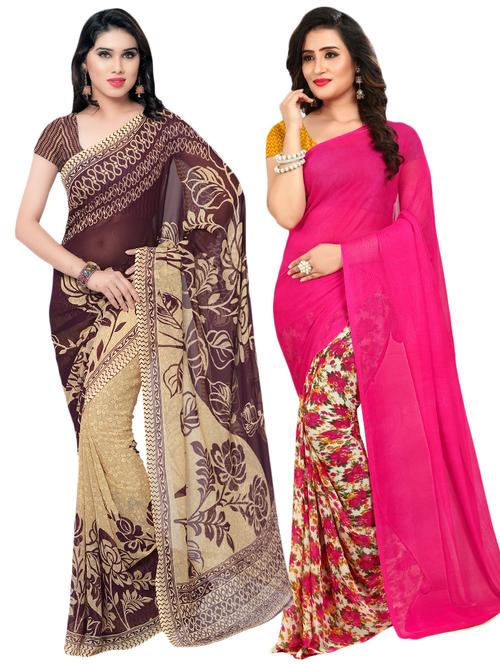 set of 2 multicolor printed saree combo with blouse - 16425701 - Very Small Image - 1