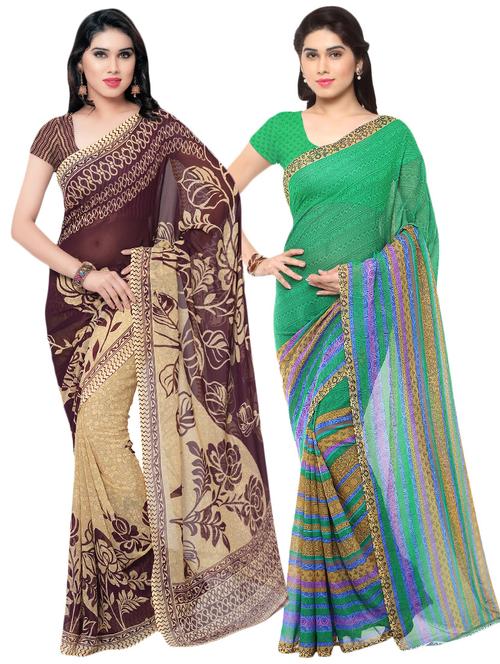 set of 2 multicolor printed saree combo with blouse - 16425722 - Very Small Image - 1
