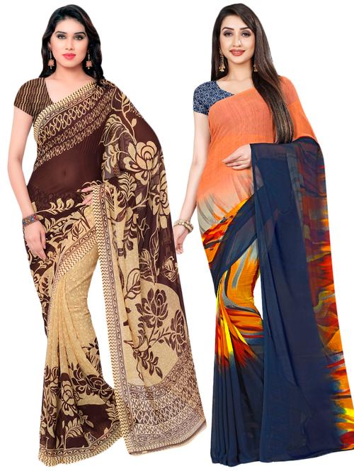 set of 2 multicolor printed saree combo with blouse - 16425731 - Very Small Image - 1