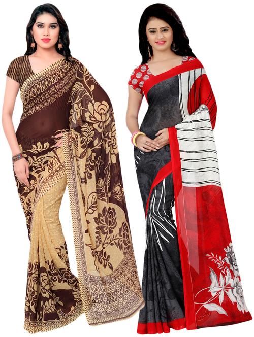 set of 2 multicolor printed saree combo with blouse - 16425758 - Very Small Image - 1