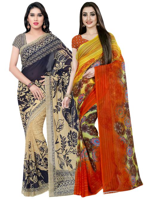 set of 2 multicolor printed saree combo with blouse - 16425770 - Very Small Image - 1