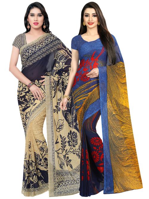set of 2 multicolor printed saree combo with blouse - 16425776 - Very Small Image - 1