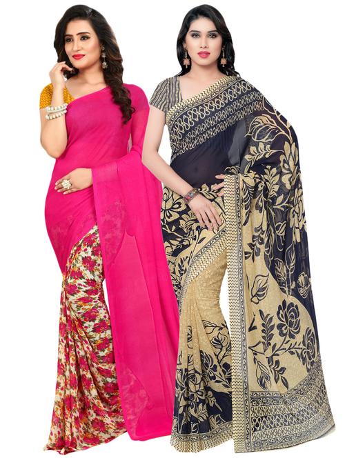 set of 2 multicolor printed saree combo with blouse - 16425785 - Very Small Image - 1