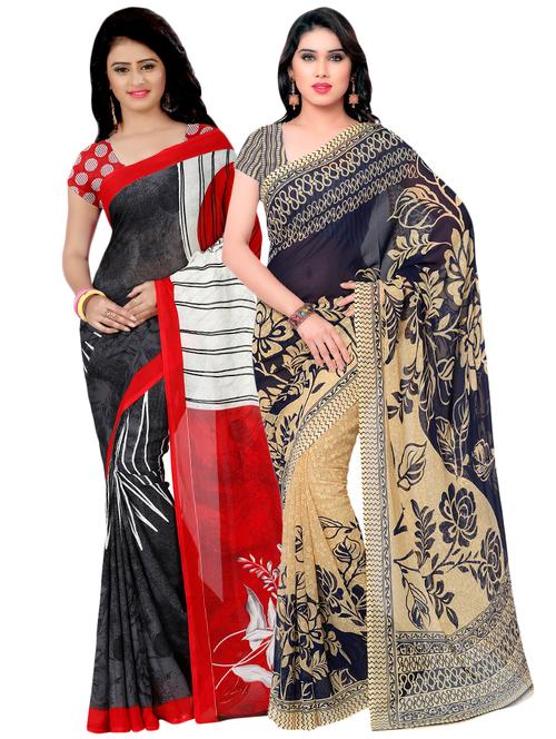 set of 2 multicolor printed saree combo with blouse - 16425791 - Very Small Image - 1