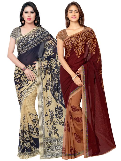 set of 2 multicolor printed saree combo with blouse - 16425802 - Very Small Image - 1
