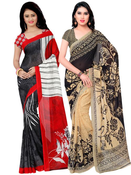 set of 2 multicolor printed saree combo with blouse - 16425827 - Very Small Image - 1