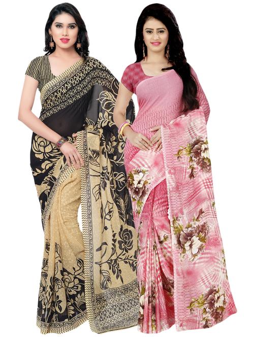 set of 2 multicolor printed saree combo with blouse - 16425828 - Very Small Image - 1