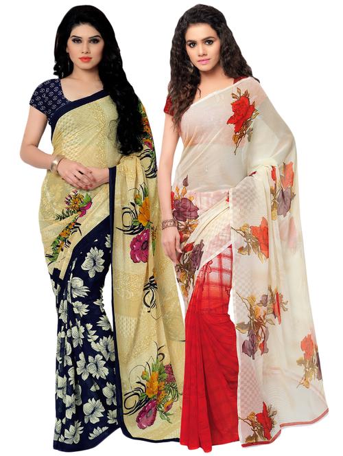set of 2 multicolor printed saree combo with blouse - 16425841 - Very Small Image - 1