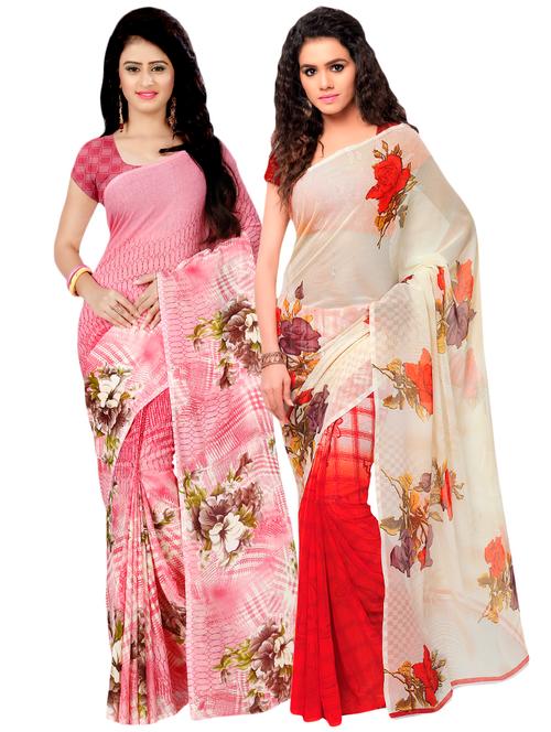 set of 2 multicolor printed saree combo with blouse - 16425866 - Very Small Image - 1
