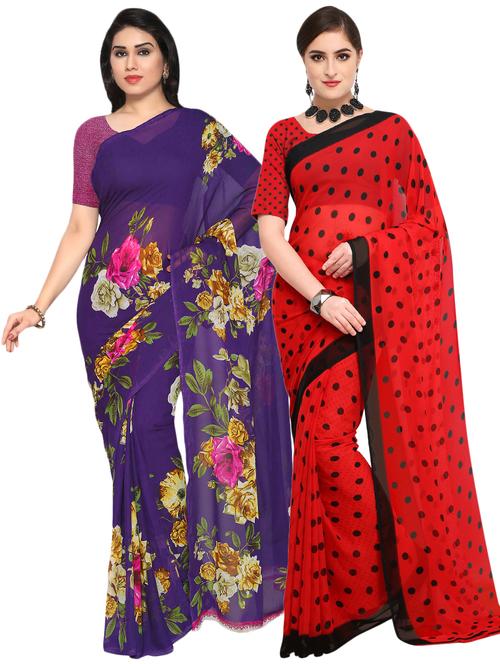 set of 2 multicolor printed saree combo with blouse - 16425895 - Very Small Image - 1