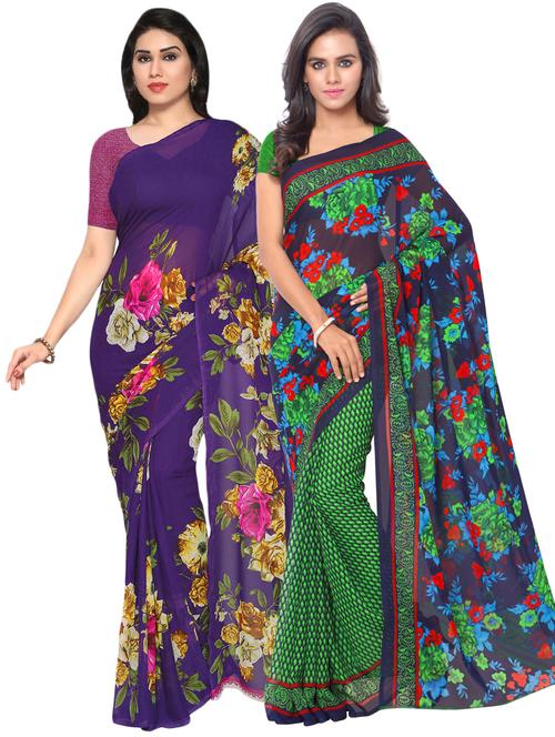 set of 2 multicolor printed saree combo with blouse - 16425930 - Very Small Image - 1