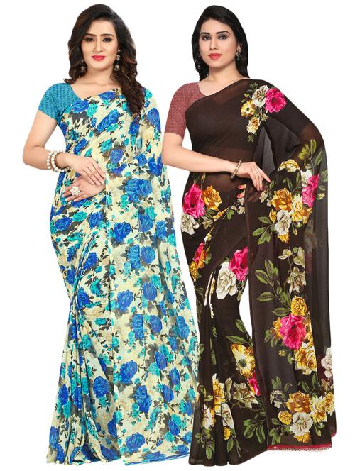 set of 2 multicolor printed saree combo with blouse - 16425946 - Very Small Image - 1