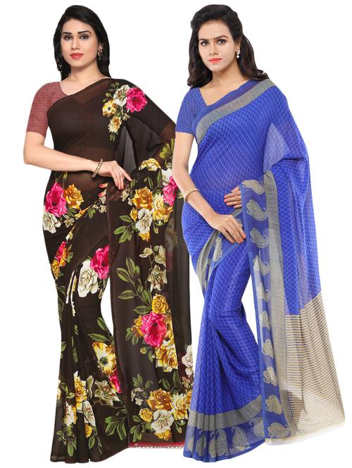set of 2 multicolor printed saree combo with blouse - 16425966 - Very Small Image - 1