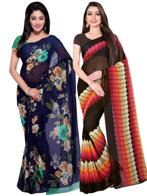 set of 2 multicolor printed saree combo with blouse - 16425983 - Very Small Image - 1