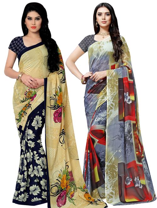 set of 2 multicolor printed saree combo with blouse - 16426021 - Very Small Image - 1