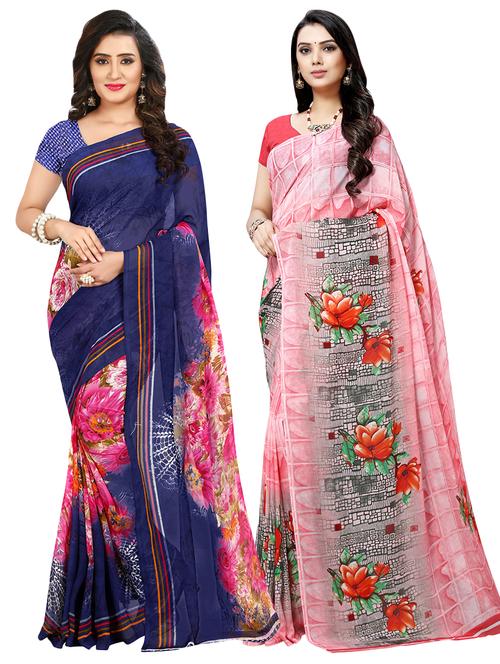 set of 2 multicolor printed saree combo with blouse - 16426031 - Very Small Image - 1
