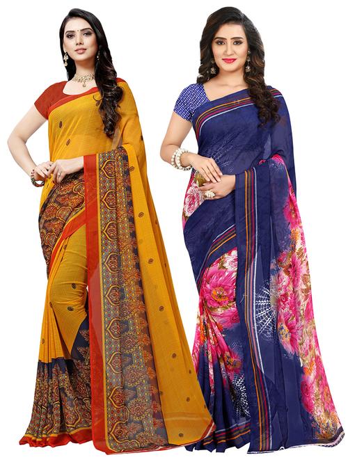 set of 2 multicolor printed saree combo with blouse - 16426039 - Very Small Image - 1
