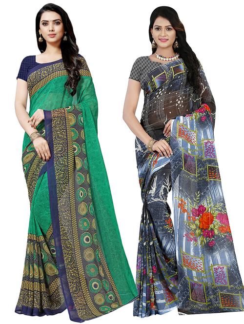 set of 2 multicolor printed saree combo with blouse - 16426074 - Very Small Image - 1