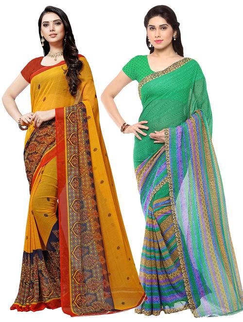 set of 2 multicolor printed saree combo with blouse - 16426090 - Very Small Image - 1