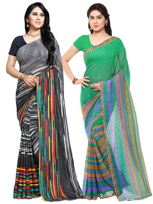 set of 2 multicolor printed saree combo with blouse - 16426093 - Very Small Image - 1