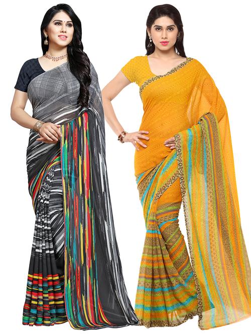 set of 2 multicolor printed saree combo with blouse - 16426127 - Very Small Image - 1