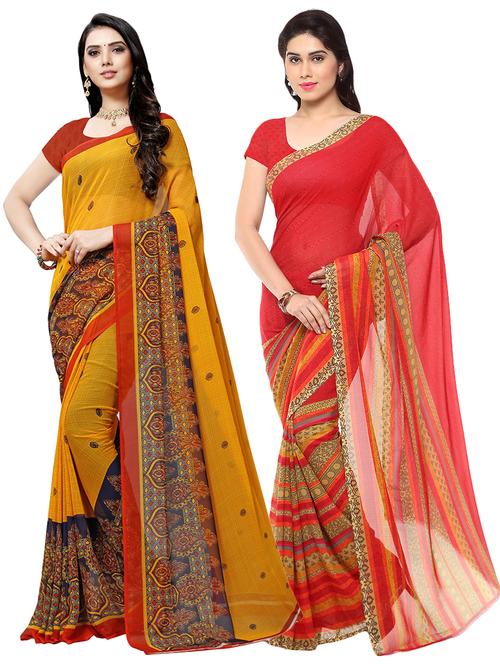 set of 2 multicolor printed saree combo with blouse - 16426141 - Very Small Image - 1