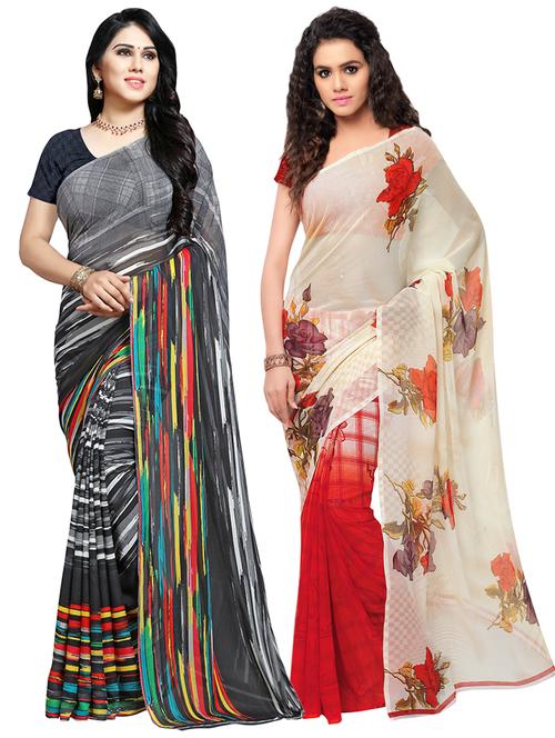set of 2 multicolor printed saree combo with blouse - 16426161 - Very Small Image - 1