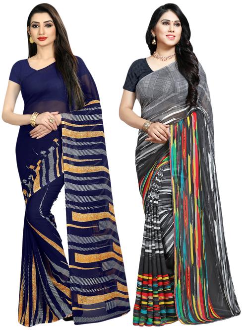 set of 2 multicolor printed saree combo with blouse - 16426303 - Very Small Image - 1